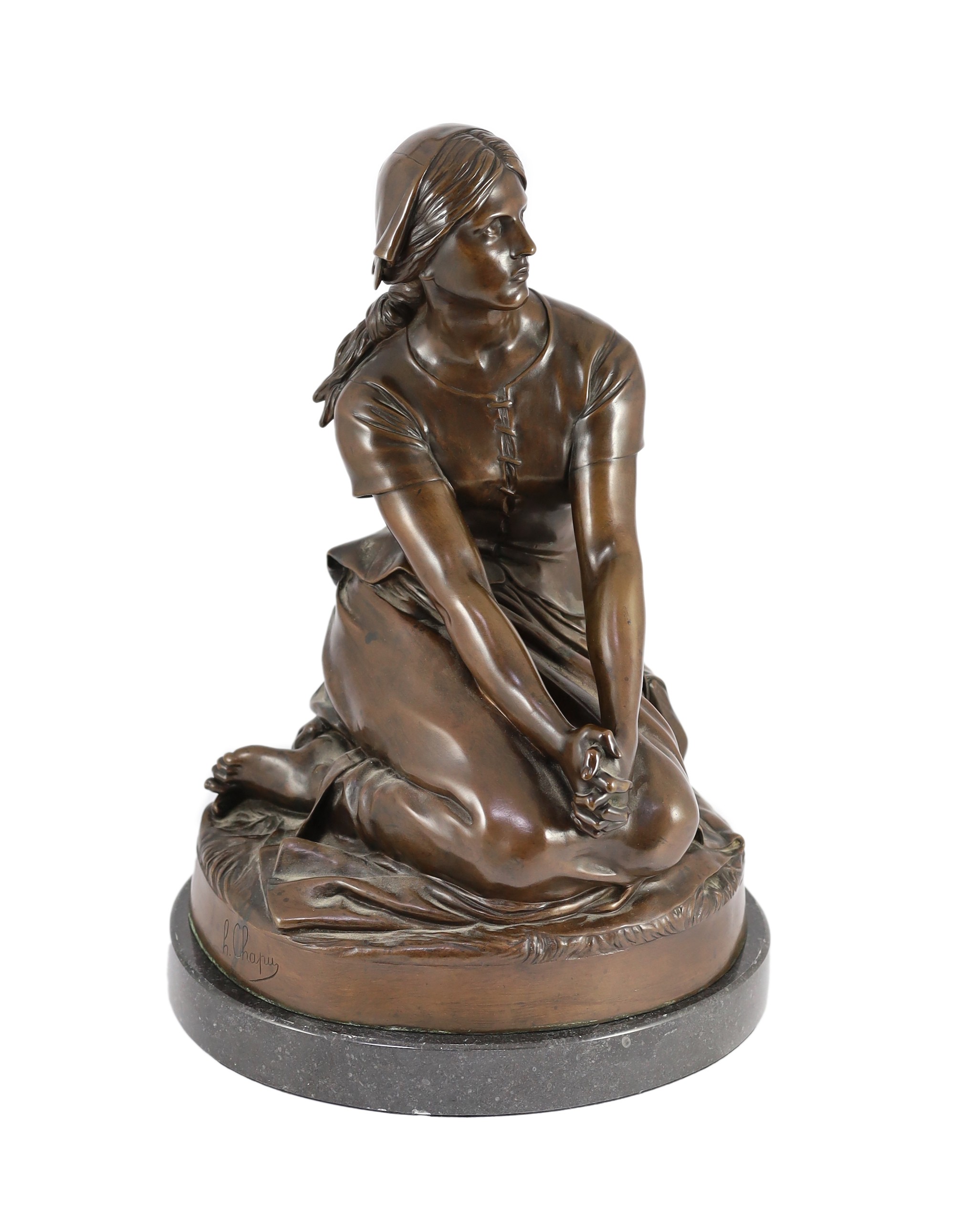 Henri-Michel-Antoine Chapu (1833-1891). A bronze figure of Joan of Arc, 30cm wide 49cm high